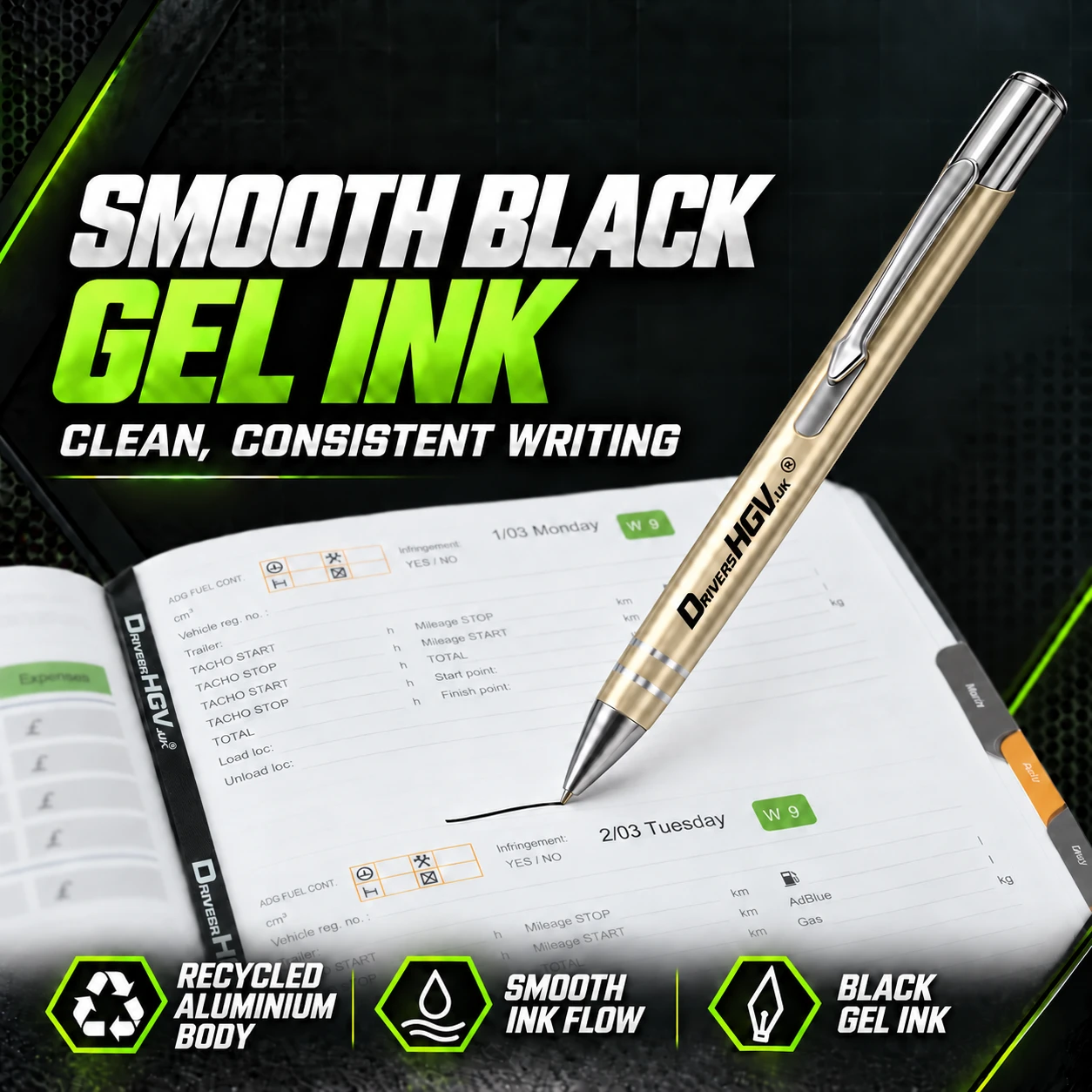 Champagne-gold DriversHGV.uk gel pen with smooth black ink and a recycled aluminium body